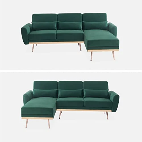 - Canapé d'angle Convertible. réversible 3 Places. Velours Vert Anglais. Pieds Fins Or Rose