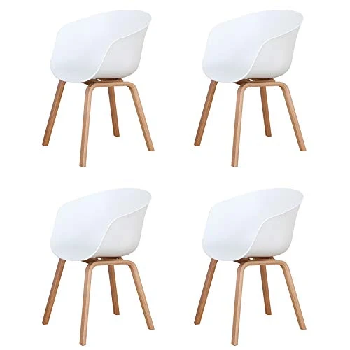 BenyLed Lot de 4 Chaises de Salle à Manger Scandinave Design Rétro Chaise D'appoint avec Pieds en Bois de Chêne et Assise en Polypropylène (Blanc)