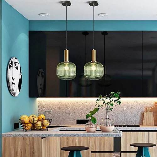 MZStech Lampe suspendue moderne, suspension en verre vert avec douille de suspension en cuivre doré