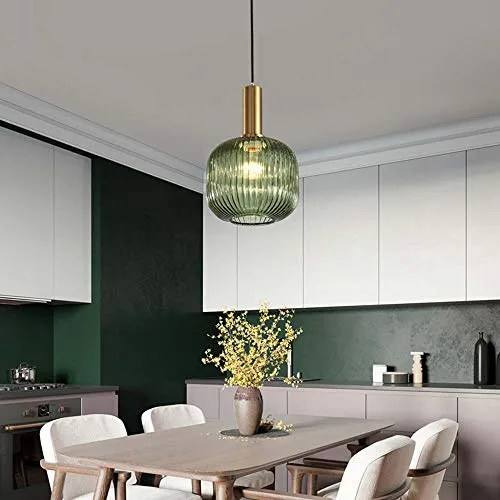 MZStech Lampe suspendue moderne, suspension en verre vert avec douille de suspension en cuivre doré