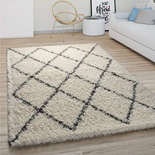 Tapis Shaggy Tapis De Salon Poil Long Moderne Boho Scandinave Motif Diamant, Dimension:160x220 cm, Couleur:Crème 2