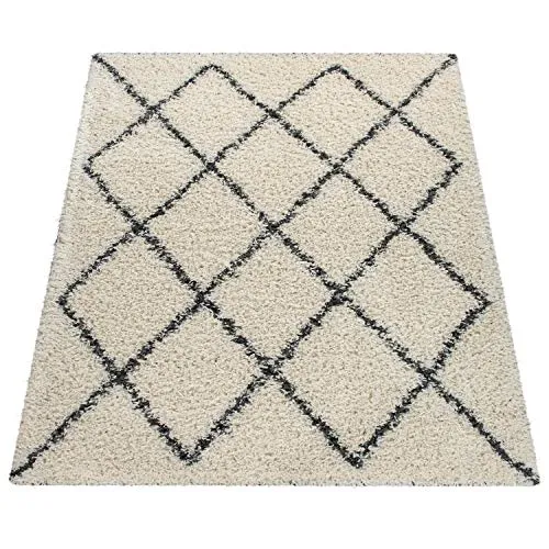 Tapis Shaggy Tapis De Salon Poil Long Moderne Boho Scandinave Motif Diamant, Dimension:160x220 cm, Couleur:Crème 2