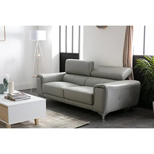 Miliboo canapé Cuir Design 3 Places avec têtières Relax Gris Nevada - Cuir de Buffle