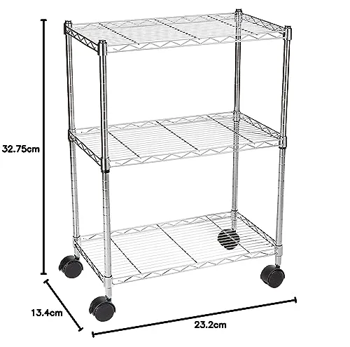 Amazon Basics Étagère 3 niveaux à roulettes, 13.4D x 23.2W x 32.75H cm, Chrome