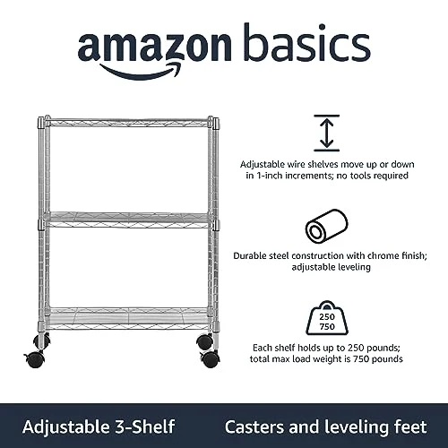 Amazon Basics Étagère 3 niveaux à roulettes, 13.4D x 23.2W x 32.75H cm, Chrome