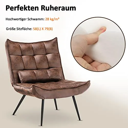 MCombo 4779 Fauteuil de relaxation moderne avec coussin de taille pour salon, style rétro, vintage, fauteuil de lecture, fauteuil rembourré, tissu microfibre, marron