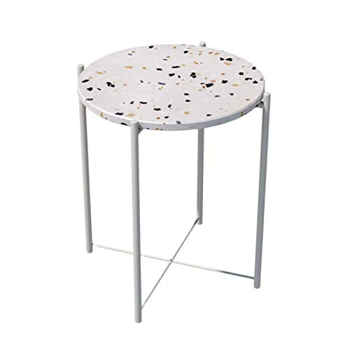 HAOXIANG Table D'appoint De Café À La Maison, Dessus D'effet De Terrazzo Et Jambes en Métal De Finition Blanche, Table De Thé De Support Occasionnel Rond pour,45x55cm
