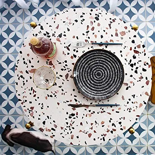 HAOXIANG Table D'appoint De Café À La Maison, Dessus D'effet De Terrazzo Et Jambes en Métal De Finition Blanche, Table De Thé De Support Occasionnel Rond pour,45x55cm