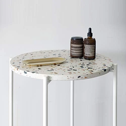 HAOXIANG Table D'appoint De Café À La Maison, Dessus D'effet De Terrazzo Et Jambes en Métal De Finition Blanche, Table De Thé De Support Occasionnel Rond pour,45x55cm