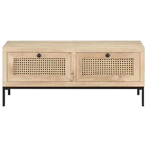 Keyur Table Basse, Table d'Appoint Table d'Appoint Table de Cocktail Table de Centre Table de Canapé Table à Thé Table Basse 90x50x37 cm Bois de Manguier Massif et Cannage Naturel