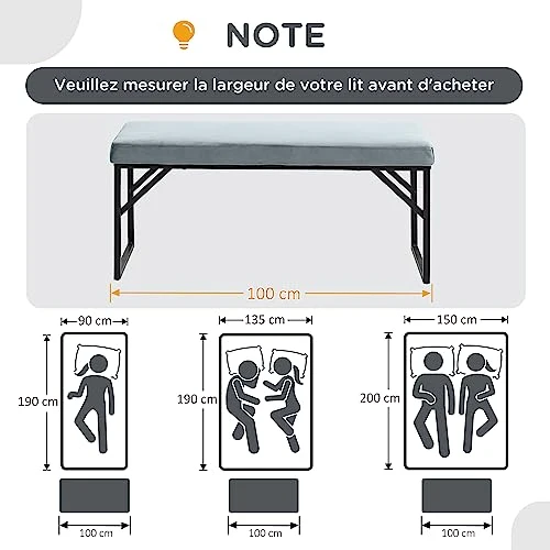 HOMCOM Banc Bout de lit Banquette Banc en Tissu Velours Cadre en Acier - 100 x 35 x 47 cm - Bleu Clair