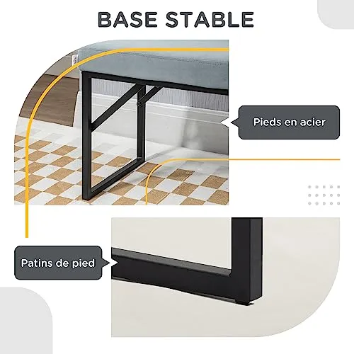 HOMCOM Banc Bout de lit Banquette Banc en Tissu Velours Cadre en Acier - 100 x 35 x 47 cm - Bleu Clair