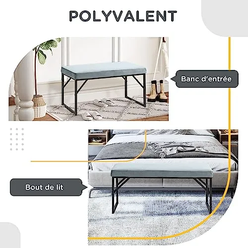 HOMCOM Banc Bout de lit Banquette Banc en Tissu Velours Cadre en Acier - 100 x 35 x 47 cm - Bleu Clair