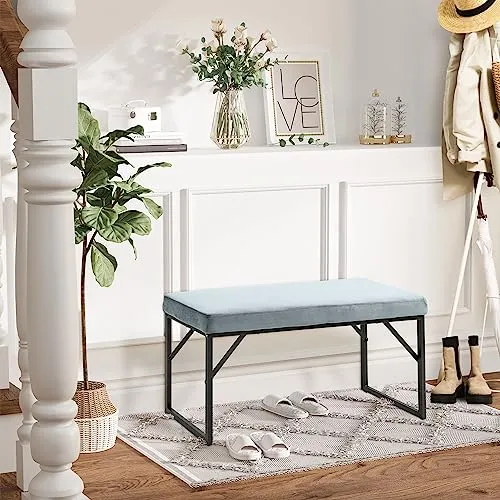 HOMCOM Banc Bout de lit Banquette Banc en Tissu Velours Cadre en Acier - 100 x 35 x 47 cm - Bleu Clair