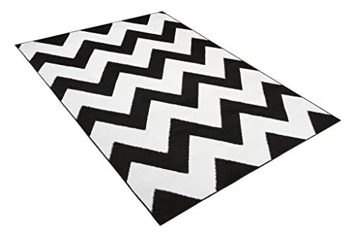 TAPISO Bali Tapis de Salon Chambre Ado Design Moderne Blanc Noir Géométrique Zigzag Poil Court Lisse 300 x 400 cm