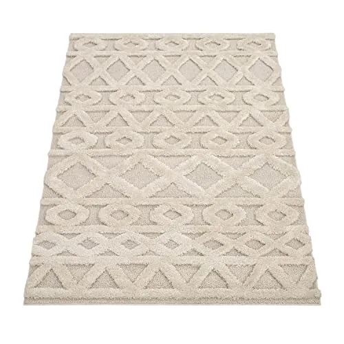 Paco Home Tapis Poils Longs Tapis De Salon Tapis Shaggy Aspect 3D Ethnique Boho Look Vintage Doux, Dimension:200x280 cm, Couleur:Crème