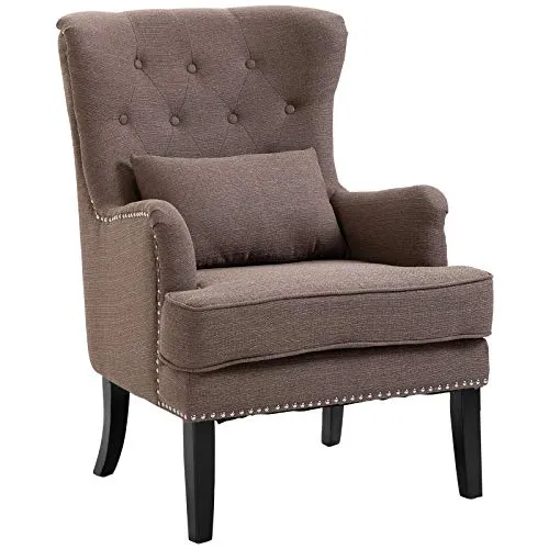 HOMCOM Fauteuil Chesterfield Vintage Grand Confort Dossier Assise capitonné avec Boutons Coussin Inclus Lin Taupe