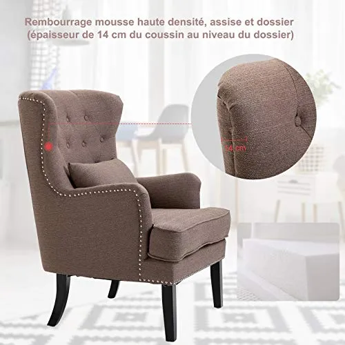 HOMCOM Fauteuil Chesterfield Vintage Grand Confort Dossier Assise capitonné avec Boutons Coussin Inclus Lin Taupe