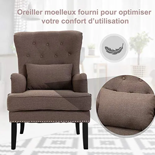 HOMCOM Fauteuil Chesterfield Vintage Grand Confort Dossier Assise capitonné avec Boutons Coussin Inclus Lin Taupe