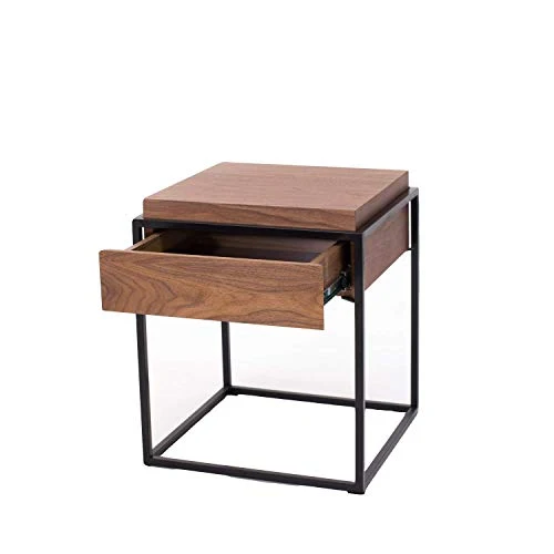 Marque Amazon - Rivet - Table d'appoint à 1 tiroir, en noyer et à structure en métal noir, 43 x 43 x 52 cm