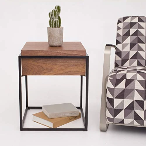 Marque Amazon - Rivet - Table d'appoint à 1 tiroir, en noyer et à structure en métal noir, 43 x 43 x 52 cm