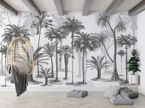 SILK ROAD EU Papier Peint Panoramique jungle Soie, 355 x 250 cm, noir et blanc Sketch Tropical Rainforest Coconut Tree Poster Geant Mural Personnalisé 3D pour Salon Chambre Décoration Murale