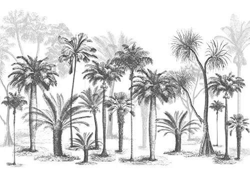 SILK ROAD EU Papier Peint Panoramique jungle Soie, 355 x 250 cm, noir et blanc Sketch Tropical Rainforest Coconut Tree Poster Geant Mural Personnalisé 3D pour Salon Chambre Décoration Murale