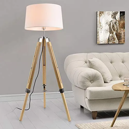 lux.pro Lampadaire Design Lampe à Pied Trépied avec Pieds en Bois et Métal Abat-Jour en Tissu E27 Hauteur 145 cm Bois Clair Chrome Blanc