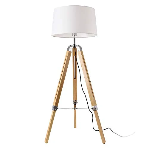 lux.pro Lampadaire Design Lampe à Pied Trépied avec Pieds en Bois et Métal Abat-Jour en Tissu E27 Hauteur 145 cm Bois Clair Chrome Blanc