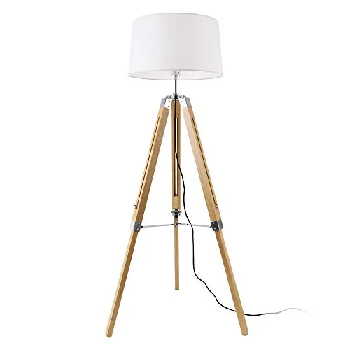 lux.pro Lampadaire Design Lampe à Pied Trépied avec Pieds en Bois et Métal Abat-Jour en Tissu E27 Hauteur 145 cm Bois Clair Chrome Blanc