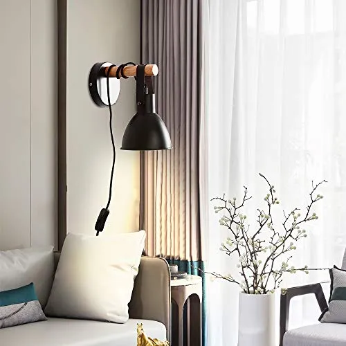 Applique murale industrie du bois rétro vintage lampe noire avec prise EU et interrupteur, y compris ampoule LED 5W E27