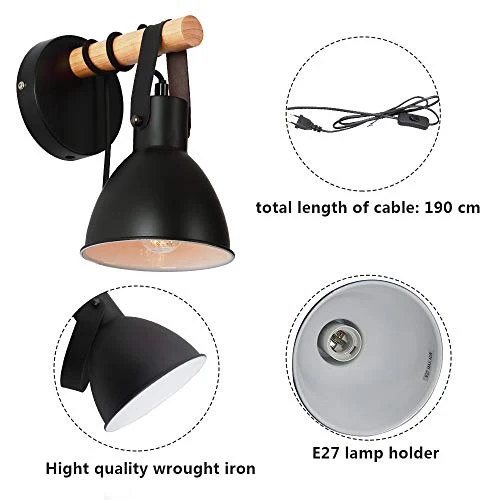 Applique murale industrie du bois rétro vintage lampe noire avec prise EU et interrupteur, y compris ampoule LED 5W E27