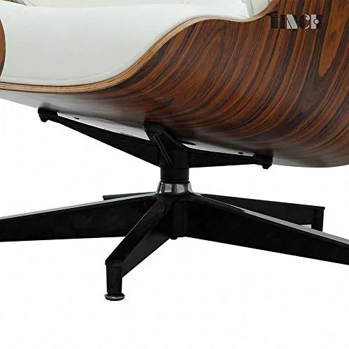Chaise longue mi-siècle et pouf - Version plus grande - En cuir de fleur - Chaise moderne moderne - En bois massif - Mise à niveau 1 - Noyer crème
