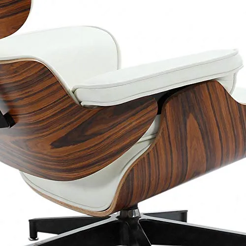 Chaise longue mi-siècle et pouf - Version plus grande - En cuir de fleur - Chaise moderne moderne - En bois massif - Mise à niveau 1 - Noyer crème