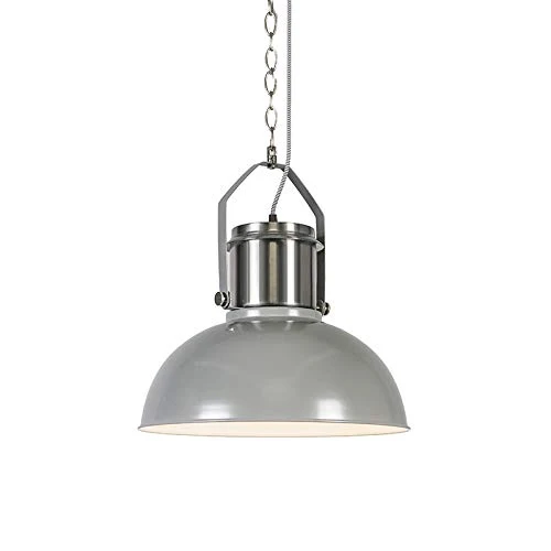 QAZQA Industriel Lampe à Suspension/Lustre/Luminaire/Lumiere/Éclairage industrielle gris - Industriel 37 Acier Gris,Acier Rond E27 Max. 1 x 40 Watt/intérieur/Salon/Cuisine