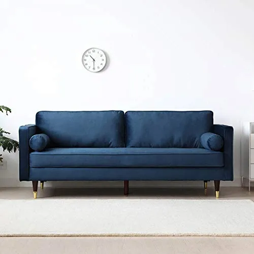 CONCEPT USINE - Canapé Nalha Bleu en Velours 3 Places - Revêtement en Velours 100% Polyester - avec Accoudoirs - 2 Longs Coussins Ronds Déhoussables - Largeur 199 cm - Résistant, Design Élégant