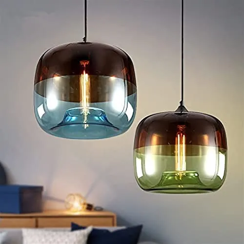 Suspension En Verre Rétro Double Couleur Globe En Verre Suspension E27 Lampes Suspendues À Tête Unique Réglable En Hauteur Pour Chambre Cuisine Île Restaurant,Vert,Pleasant63