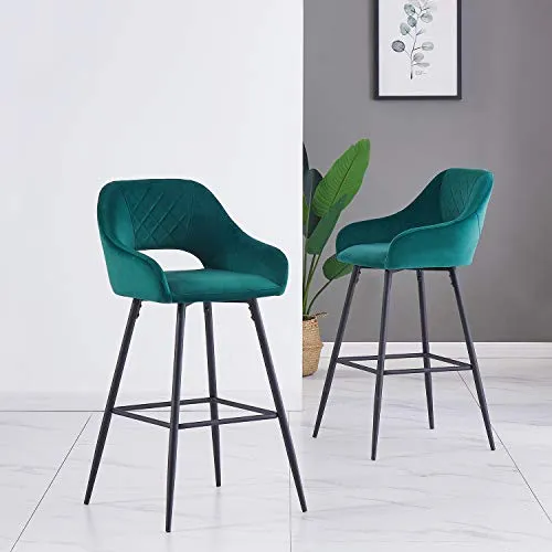 JaHECOME Lot de 2 Tabourets de Bar avec Dossier, Accoudoirs et Repose-Pieds,Chaises de Bar Roubourés, Pieds en Métal Chaises pour Salon, Bistrots (2, Vert)