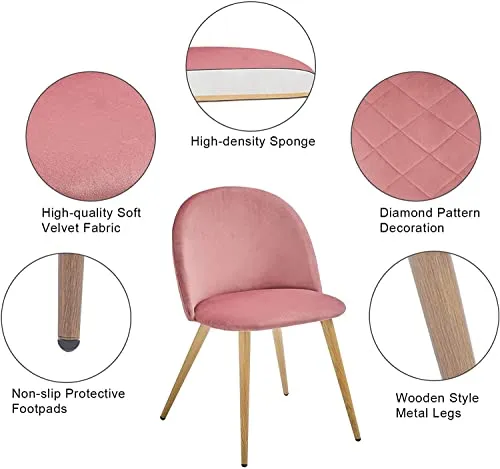 GrandCA HOME Lot de 2 Chaises de Salle à Manger en Velours, Chaises de Cuisine avec Coussin de Siège en Velours Doux, Chaises de Salle à Manger Latérales Rembourrées pour Salon, Rose