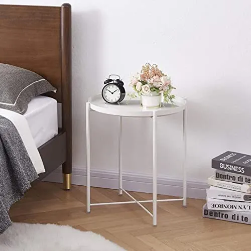 NOGRAX Tables Table d'appoint Ronde en métal for extérieur, Petit canapé d'appoint en métal, Pliable, antirouille et étanche, Plateau Amovible for Salon, Chambre à Coucher, Balcon, Bureau, Blanc