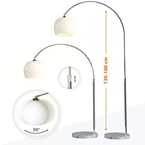 CCLIFE Lampe Lampadaire à arc salon courbée, Lampe arceau moderne en chrome Lampadaire sur pied marbre, Couleur: Blanc, réglable en hauteur 130-180cm
