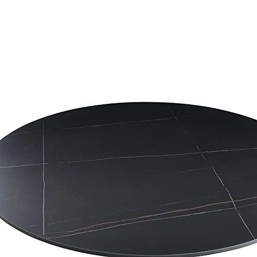Casa Vital Table à manger Interlanta, noir, 90 x 90 x 75 cm, rond, plateau en pierre frittée, motif marbre noir, pied colonne en métal, plateau de base large et stable
