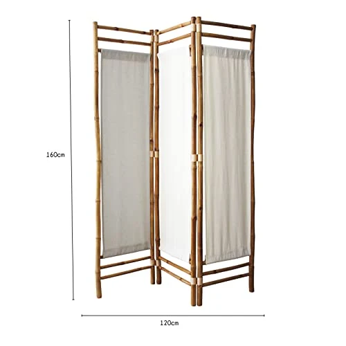 Paravent en Polycoton et Bambou - Naturel - Blanc et Marron - Panneaux en Coton - 160x120 cm