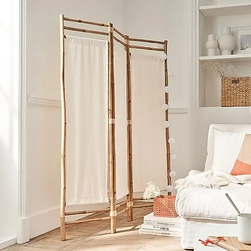 Paravent en Polycoton et Bambou - Naturel - Blanc et Marron - Panneaux en Coton - 160x120 cm