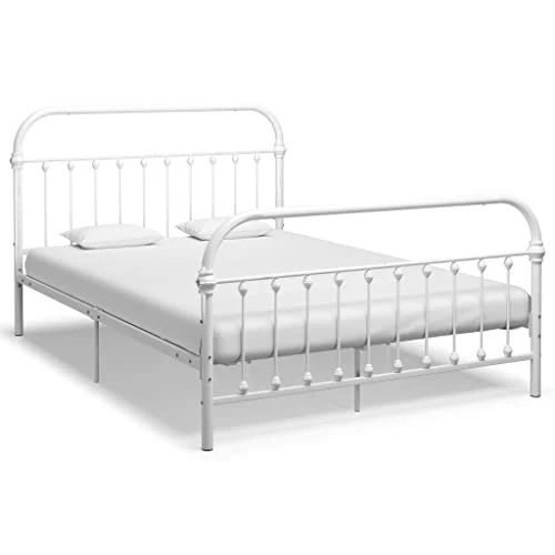 vidaXL Cadre de Lit Sommier à Lattes Lit Double Lit Adulte Cadre à Lattes sur Pied Chambre à Coucher Maison Intérieur Blanc Métal 160x200 cm