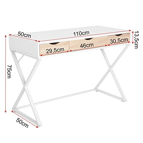 WOLTU TS40ws Bureau Table 110x50x75 cm avec 3 tiroirs,Bureau d'ordinateur Table de Travail en MDF et Acier,Blanc