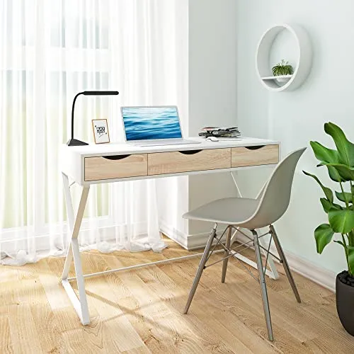 WOLTU TS40ws Bureau Table 110x50x75 cm avec 3 tiroirs,Bureau d'ordinateur Table de Travail en MDF et Acier,Blanc
