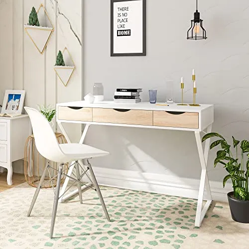 WOLTU TS40ws Bureau Table 110x50x75 cm avec 3 tiroirs,Bureau d'ordinateur Table de Travail en MDF et Acier,Blanc