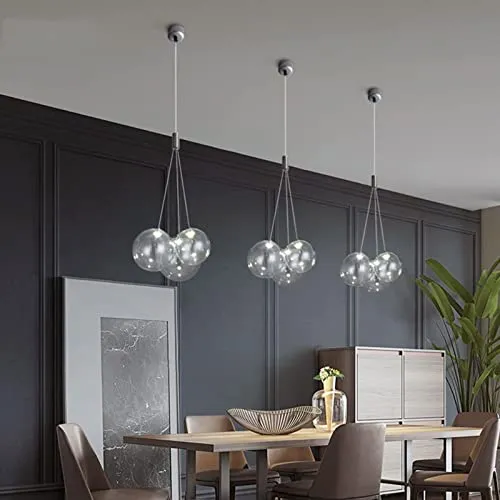 Euone_Clothes Suspension Boule de Verre Moderne à 3 Lumières à DEL, Groupe de Lampes Suspendues Luminaire de Plafond d'îlot de Cuisine Simple Lustre de Salle à manger (Transparent) GYDD-0718-1