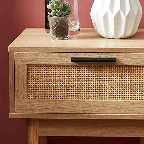 BAÏTA - Table de Chevet Amana Effet chêne et cannage rotin 40cm